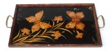 Tava veche cu anse si sticla litografiata motiv floral si fluturi