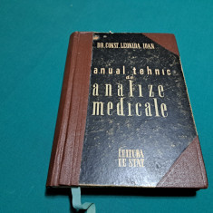 MANUAL TEHNIC DE ANALIZE MEDICALE / DR. CONSTANTIN LEONIDA IOAN /1946/ 888 *