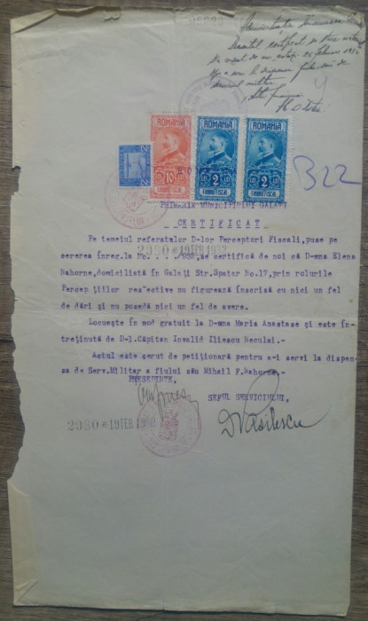 Certificat privind darile si averea/ Galati 1932