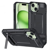 Cumpara ieftin Husa iPhone 15 Plus Antisoc Negru Hybrid Armor Kickstand, Techsuit