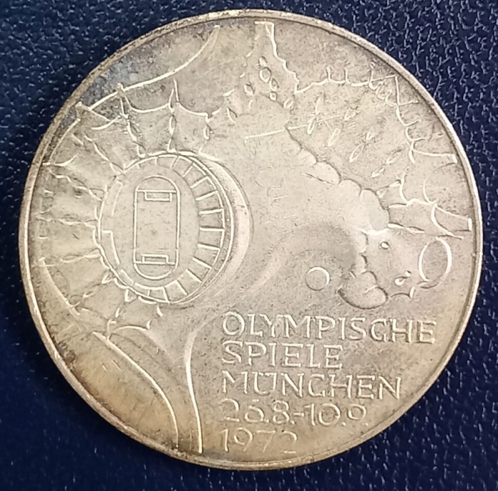 (A1054) MONEDA DIN ARGINT GERMANIA - 10 MARK 1972, LIT. J, OLIMPIADA DE LA MUNCHEN