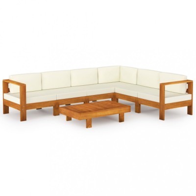 vidaXL Set mobilier grădină perne alb/crem, 7 piese, lemn masiv acacia foto