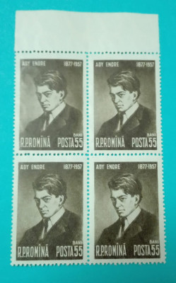 TIMBRE ROMANIA 1957 L.P.446 80 ANI NASTEREA ADY ENDRE BL. 4 VALORI MNH foto