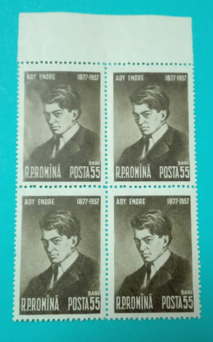 TIMBRE ROMANIA 1957 L.P.446 80 ANI NASTEREA ADY ENDRE BL. 4 VALORI MNH