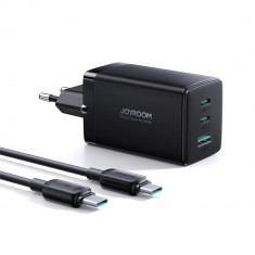 Încărcător GaN 65W USB-A 2x USB-C negru + cablu USB-C - USB-C 100W 1,2 m TCG01 Joyroom