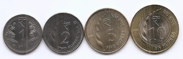 India Set 4 - 1, 2, 5, 10 Rupees 2017/21, V22, KM-349, 512, 513, 514 UNC !!!
