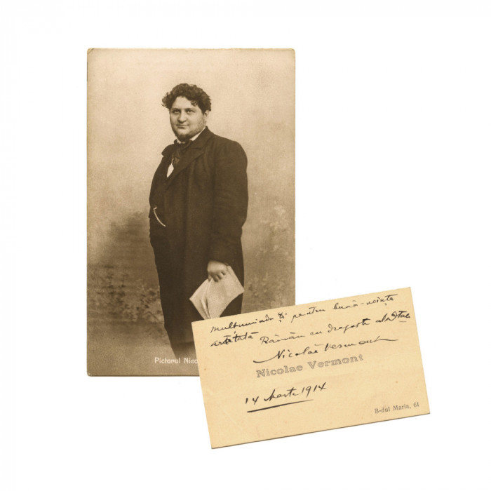 Nicolae Vermont, carte poștală fotografică + carte de vizită cu text olograf