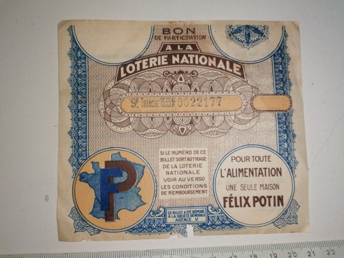 BILET LOTERIE FRANTA 1935