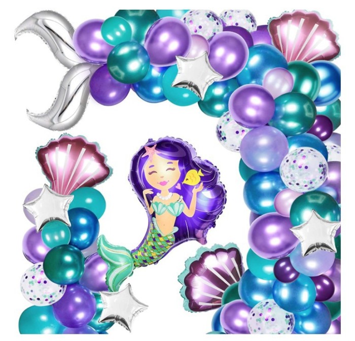 Arcada baloane Mica Sirena, 134 baloane latex si folie de aluminiu, Kit asamblare, Mov/verde