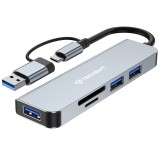 Hub USB, Type-C la 3x USB, SD / TF Card Asteroid GSM H7, gri