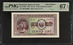 10 lei 1952 Specimen PMG67 UNC bancnota gradata