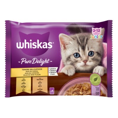 Hrana umeda pentru pisici, Whiskas Pure Delight Selectii, junior, carne de pui si curcan in aspic, 4 plicuri x 85g foto