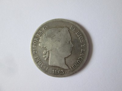 Rară! Spania 4 Reales 1863 Isabel II argint 900 foto