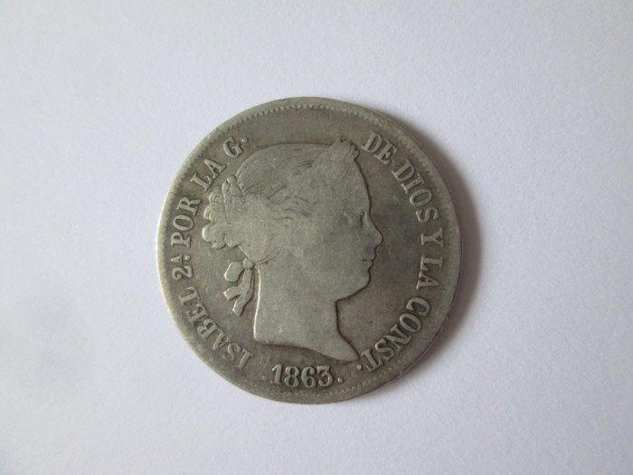 Rară! Spania 4 Reales 1863 Isabel II argint 900