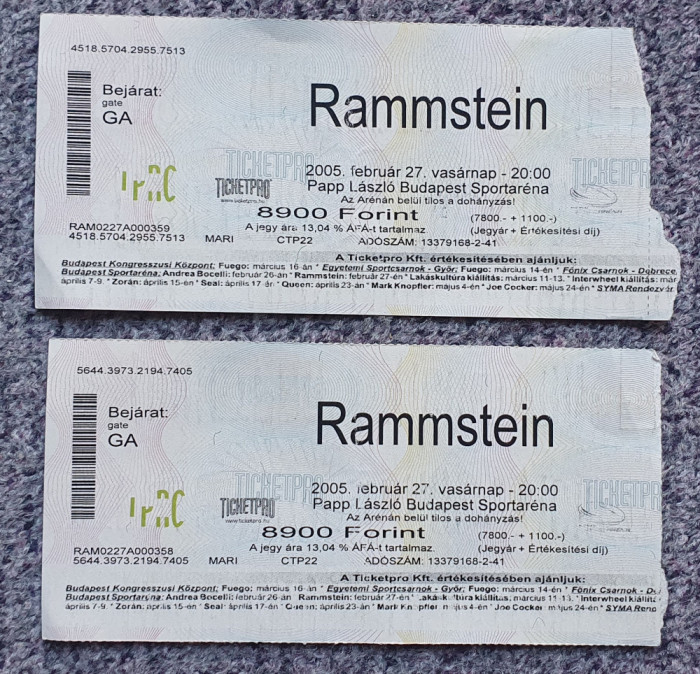 Pentru colectionari, doua bilete concert Rammstein folosite in 2005, Budapesta