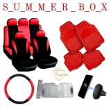 Summer Box ROSU: Huse Scaune Auto Universale+Covorase+Husa Volan+Suport Telefon+Parasolar - Set Complet Accesorii Auto
