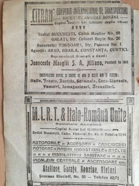 reclama M.I.R.T &amp; Italo-Rom&acirc;nă Unite, vanzari atomobile, Șos. Kisselef, nr. 53