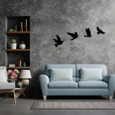 Decoratiune de perete, Birds v2, Metal, 25 x 25 cm, 4 piese, Negru