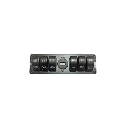 Suport panou 6 butoane &icirc;ntrerupătoare iluminate tip Rocket voltmetru ,USB 12V 24V 22x7cm
