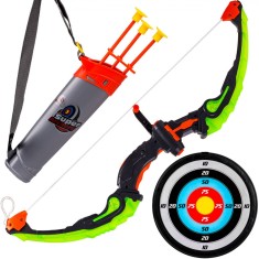 Set Arc și Darts, Model Multicolor, Tolbă Săgeți și 3 Săgeți cu Ventuză, Darts cu Diametrul 25cm, Iluminare pe Arc, Baterii Necesare