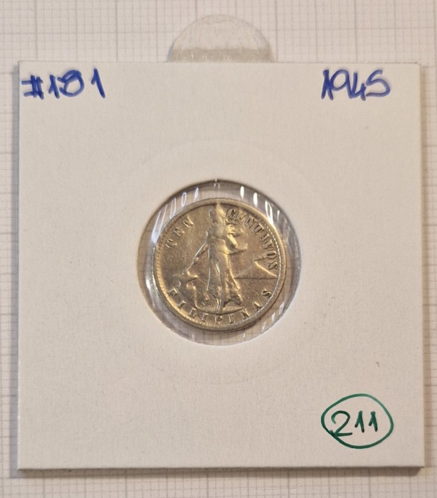 211, Philippines, Filipine, 10 cents 1945, KM#181, argint,