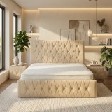 Pat Tapitat Iris Crem Catifea Premium cu Noptiere Tapitate Ofertă limitată