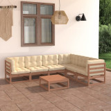 VidaXL Set mobilier grădină perne, 7 piese, maro miere lemn masiv pin