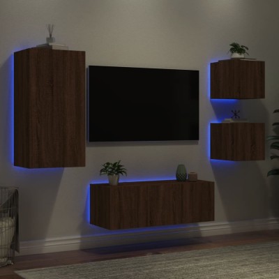 vidaXL Unități de perete TV cu LED-uri, 5 piese, stejar maro, lemn foto