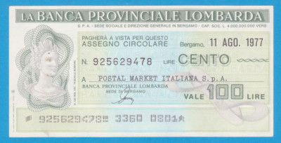 (1) CEC BANCAR ITALIAN - BANCA PROVINCIALE LOMBARDA, 100 LIRE, BERGAMO 1977 foto