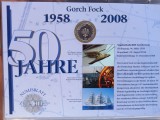 GERMANIA - FDC + MONEDA PROOF - 10 EURO 2008 J, 50 ANI - VASUL GORCH FOCK II, Europa, Argint