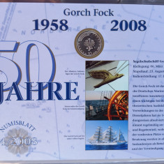 GERMANIA - FDC + MONEDA PROOF - 10 EURO 2008 J, 50 ANI - VASUL GORCH FOCK II