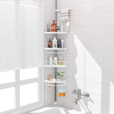 Organizator baie, raft de baie de tip coltar cu brat telescopic, cu 4 etajere si suport pentru prosop foto