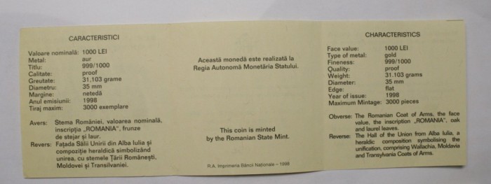 CERTIFICAT PT. MONEDA BNR AUR Aniversarea Marii Uniri de la 1 Decembrie 1918 . #1066.