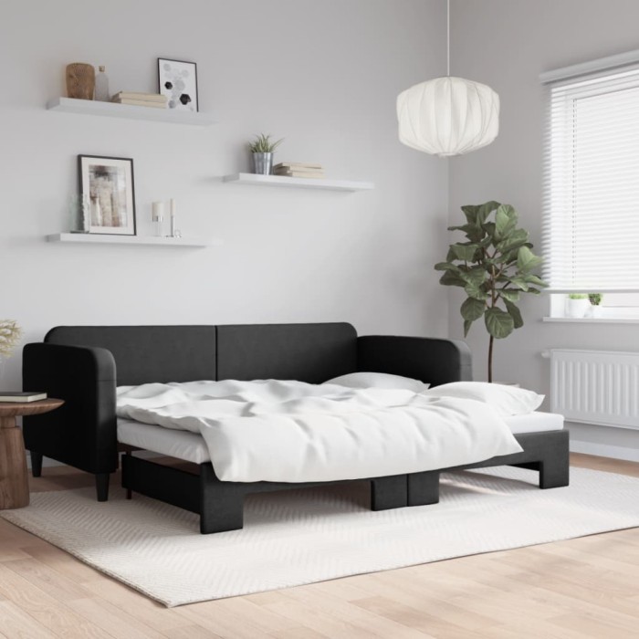 Pat de zi cu extensie, negru, 90x190 cm, textil