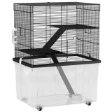 PawHut Cușcă pentru Hamsteri cu 3 Niveluri, Bază Ad&acirc;ncă, Roți Rampe, Bol și Sticlă, 58x43x74 cm, Negru | Aosom Romania