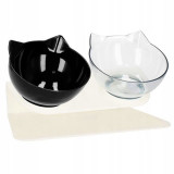 Cumpara ieftin Castron, bol, pentru caine, pisica, dublu, cu suport, plastic, alb si negru, model pisica, 2x13 cm, Springos
