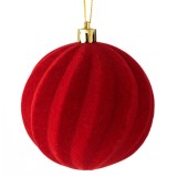 Ornament Brad Craciun, Glob Catifelat, Model Linii Ondulate, Culoare Rosu, Dimensiune 8cm, Oem