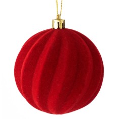 Ornament Brad Craciun, Glob Catifelat, Model Linii Ondulate, Culoare Rosu, Dimensiune 8cm foto