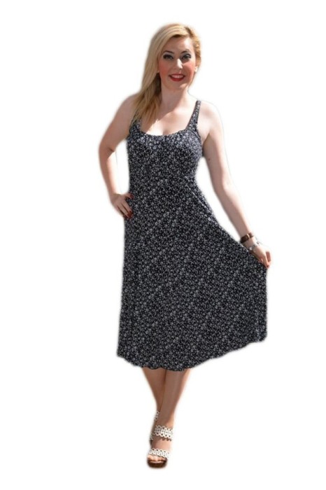Rochie Neagra De Vara Cu Design De Flori Mici Albe Si Bretele Fixe