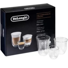 Set 2 pahare Espresso 90 ml, 2 pahare Cappuccino 270 ml si 2 pahare Latte Macchiato 330 ml, cu pereti dubli, DeLonghi DLSC302, Colectia Connoisseur
