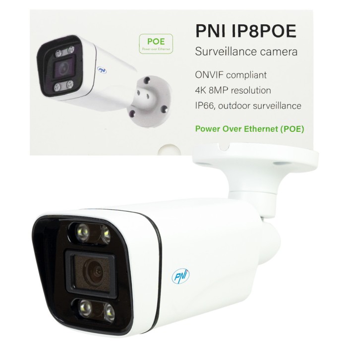 Resigilat : Camera supraveghere video PNI IP8POE 8MP, 4K, D-WDR, 4.0mm, 6 LED-uri,