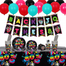 Set farfurii, pahare, servetele, tacamuri, paie, baloane pentru 16 persoane, decoratiuni petrecere adulti inapoi in anii '80, 137 piese