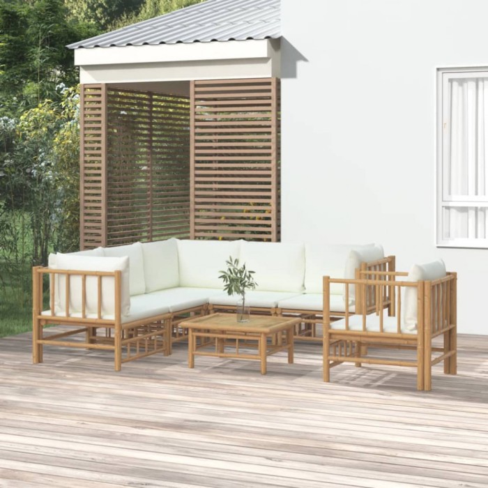 Gossi set mobilier de gradina cu perne alb crem, 7 piese, bambus