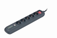 PRELUNGITOR GEMBIRD, Schuko x 5, conectare prin Schuko (T), USB x 2, cablu 1.5 m, 16 A, protectie copii, negru, &quot;SPG5-U2-5&quot; (timbru verde 0.18 lei)