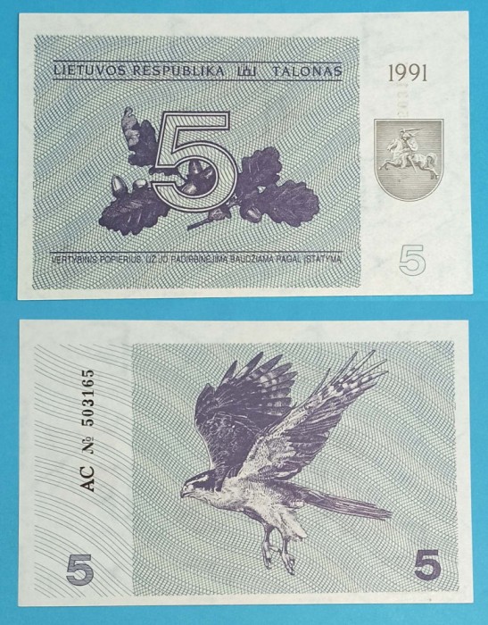 Lituania 5 Talonas 1991 &#039;Osprey&#039; aUNC+ serie: AC 503165 p#34