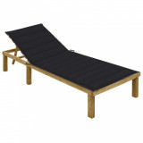 Șezlong vidaXL Negru cu Pernă, Lemn Pin Trat, 200x70 cm, Spatar Reglabil, Mobilier Gradina