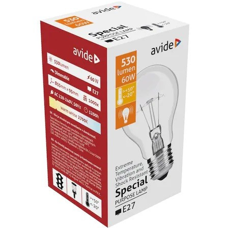 Bec special, rezistent la caldura, 60 W, model E27, A55, 530 lumeni, glob