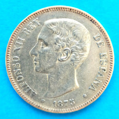 SPANIA 5 PESETA 1875 ALFONSO XII ARGINT STARE EXCELENTA P