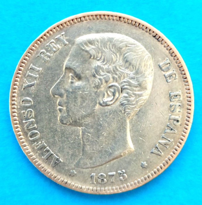 SPANIA 5 PESETA 1875 ALFONSO XII ARGINT STARE EXCELENTA P