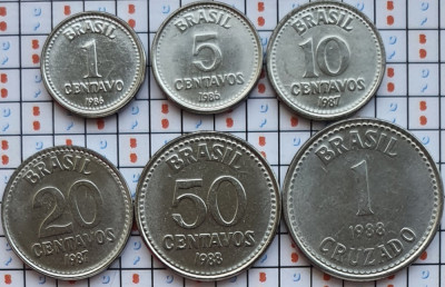 set 6 monede Brazilia 1, 5, 10, 20, 50 centavos 1 cruzado 1986 - 1988 UNC - A024 foto